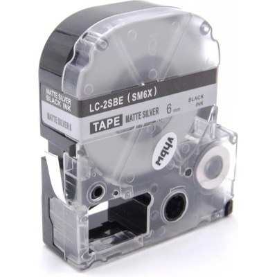 Compatible Epson LC-2SBE, SM6X, 6mm x 8m, черен печат / матов сребърен фон, съвместима лента (EPLCSM6X)