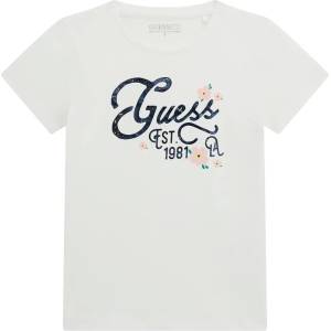 GUESS Бяла тениска за момиче с тъмно син надпис Guess и розови цветя