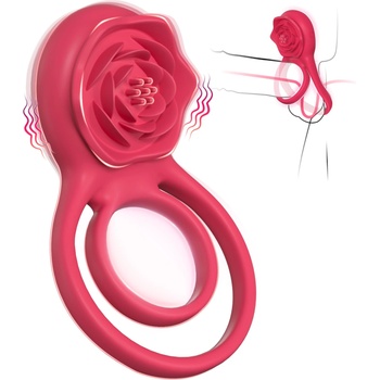 Image 1 of SuperLove Vibrating Cock Ring with Rose Clitoral Stimulator Red