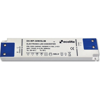 Ecolite El. trafo 230V-12V,2.5A,30W, 1,6mm,IP20 DX-WP-30W/SLIM