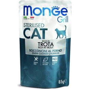 Monge Grill Sterilised с пъстърва - пауч с хапки в желе - за кастрирани котки в зряла възраст-85гр