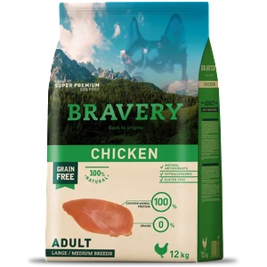 Bravery chicken adult dog medium & large, натурална, хипоалергенна храна, БЕЗ ЗЪРНО за пораснали кучета от средни и едри породи над 1 година, с пилешко месо, Испания - 12 кг