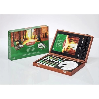 Derwent Academy Acrylic Paints Wooden Box Set dřevěný dárkový kufřík 12 ks