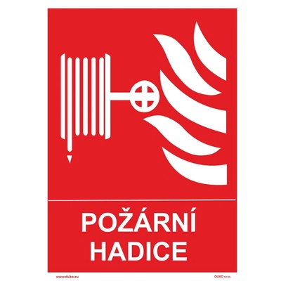 DUKO POŽÁRNÍ HADICE se symbolem a textem Formát: 210 x 297 mm, Materiál: plast 5 mm, samolepící vinylová fólie