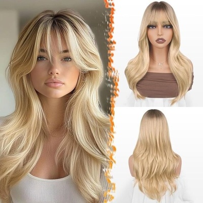 Barsdar Ombré blond paruka s ofinou, 50 cm vrstvená paruka s tmavými odrosty – Zboží Mobilmania
