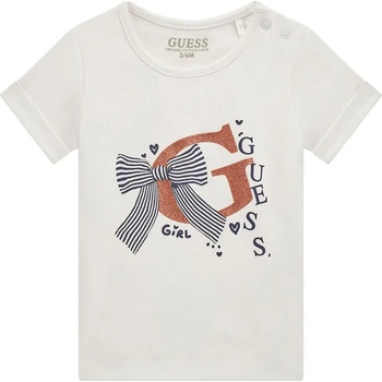 GUESS Бяла тениска за бебе момиче с блестящо G, надписи и детайли Guess
