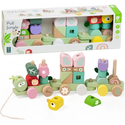 Teddies Vlak 2 vagóny jungle drevo ťahacia stavebnica 27 ks