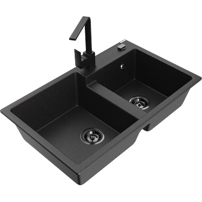 Mexen Tomas гранитна кухненска мивка с 2 отделения с кухненски смесител Rita, черен/сребърен металик - 6516-73-670300-70-B (6516-73-670300-70-B)