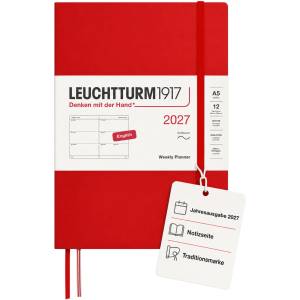 Leuchtturm1917 Weekly Calendar 2027 Medium (A5) - English, Cherry, Softcover, 145 x 210 mm, 12 months - January-December 2027, 1 week per double page, 80 g/m2 paper with high ink compatibility - 400295 (400295)