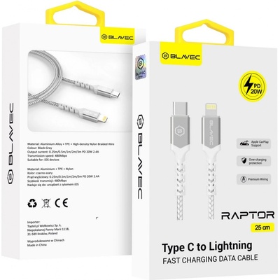 Blavec CRA-CL24WS025 Type C to Lightning - PD 20W 2,4A, 0,25m, bílo-stříbrný