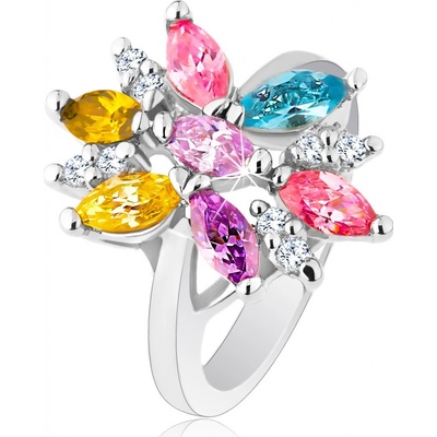 Šperky eshop prsten ve stříbrném odstínu zdobený barevnými a čirými zirkony R26.8
