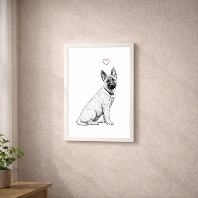 Plakát s KRESLENOU FOTOGRAFIÍ MAZLÍČKA Rozměr plakátu: A3 (29,7 x 42 cm), Rámeček: Bílý rámeček