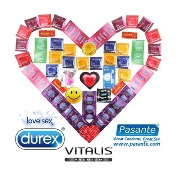 Maxi Balíček 55 kondomů Durex Pasante a Vitalis + lubrikační gel Durex + vibrační kroužek