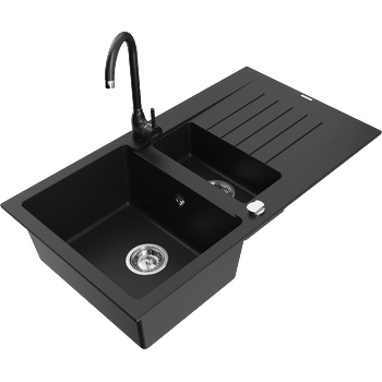 Mexen Matias гранитна мивка 1, 5-камерна с отцедник и кухненски смесител Telma, черен - 6502-77-670200-70 (6502-77-670200-70)