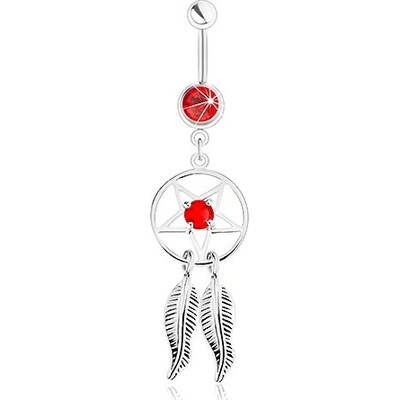 Šperky eshop ocelový piercing do pupíku lapač snů s pentagramem pírky a červeným zirkonem SP33.25