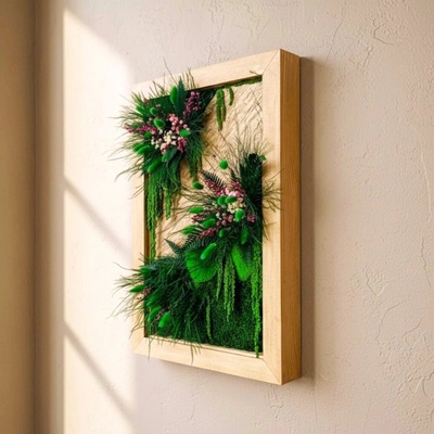 Machový obraz s podsvietením, kvetmi a machom - 50 × 70 cm