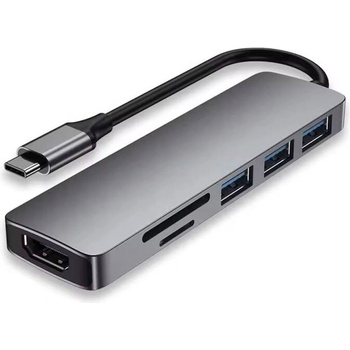 DeTech Докинг станция DeTech, 6в1 USB3.1 Type-C-USB3.0*3+4K, HDMI 4K 30Hz, SD/TF Card, Сив - 17851