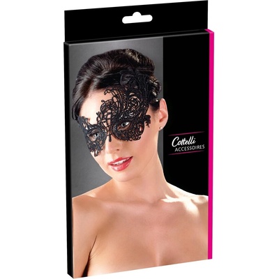 Cottelli Accessories čierna maska na oči s výšivkou a čipkovanou stuhou