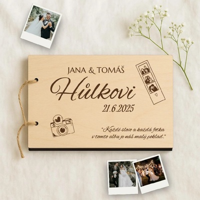 Dřevěné svatební fotoalbum poklad – personalizované jména a datum Počet listů papíru: 20 listů papíru