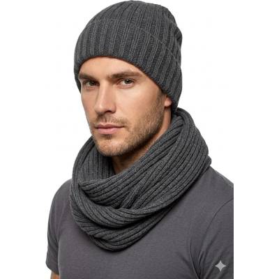 Pánsky set čiapka extra hrubá a šál obkrútený 049 tmavo sivá