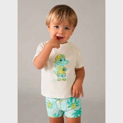 MAYORAL Комплект бански аквамарин кроко и бяла тениска за бебе момче Mayoral