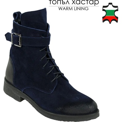 Български обувки Дамски боти от естествен велур в син цвят със състарен ефект32208