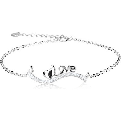 Šperky eshop stříbrný náramek vlnka z čirých zirkonů lesklé srdíčko a nápis Love G23.14