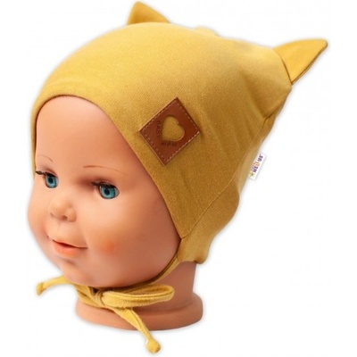 Baby Nellys Bavlněná dvouvrstvá čepice s oušky na zavazování FOX hořčicová
