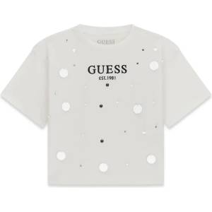 GUESS Свободна тениска за момиче в бял цвят с пайети и надпис Guess