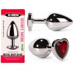  Метален плъг с червен кристал, сърцевиден 7, 1см. - Secret Shade Silver (XMEN000127)