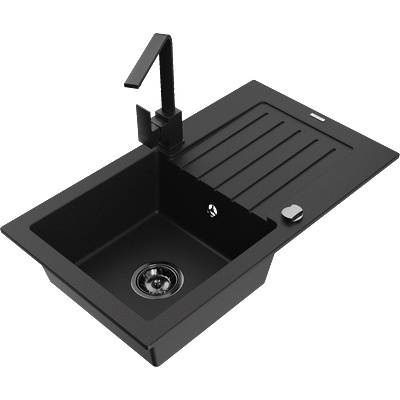 Mexen Pablo гранитна мивка с едно корито, отцеденик и кухненски смесител Rita, черен - 6510-77-670300-70-B (6510-77-670300-70-B)
