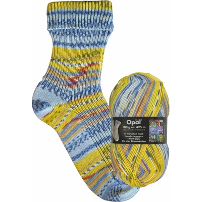 Ponožková příze Opal Hundertwasser 4-fach – modrožlutý melír, 100 g / 425 m – barevná varianta 2105