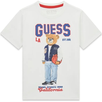 GUESS Бяла тениска за момче с цветно мече и син надпис Guess