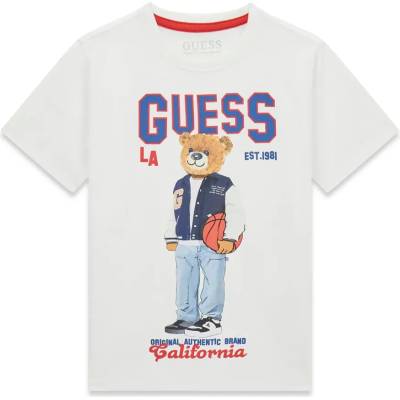 GUESS Бяла тениска за момче с цветно мече и син надпис Guess