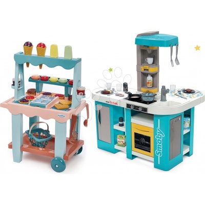 Smoby Set kuchynka elektronická Tefal Studio 360° XL Bubble a zmrzlinársky vozík s vafľami