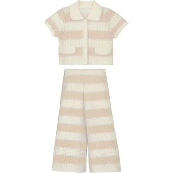Mayoral Комплект райе дълъг панталон и жилетка с копчета трико в цвят пясък и бяло за мини момиче Mayoral