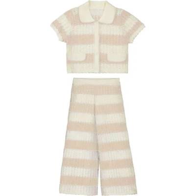 Mayoral Комплект райе дълъг панталон и жилетка с копчета трико в цвят пясък и бяло за мини момиче Mayoral
