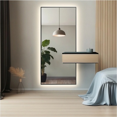 Alfaram Moderné zrkadlo v ráme s výrezom na skrinku s LED podsvietením 1503 50x150