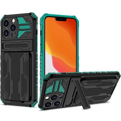 Wooze Samsung Galaxy A73 5G SM-A736B, Пластмасов заден капак, силиконова вътрешна част, средно удароустойчив, със стойка, държач за карти, Wooze Transformer, черен/зелен (127943) (127943) (127943)