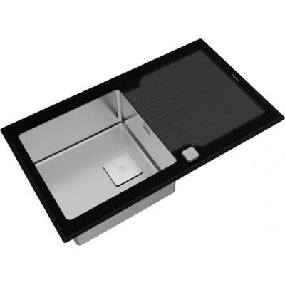 Carmen Diamond RS15 1C 1E черна Иноксова мивка за вграждане със закалено стъкло, авт. клапан, за шкаф със светъл отвор 50 см (М.1010.А.ЧЕ)