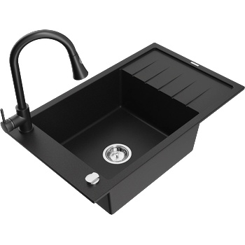 Mexen Elias кухненска мивка от гранит с 1 корито и сушилня и кухненски смесител Elia, черен - 6511-77-670101-70 (6511-77-670101-70)