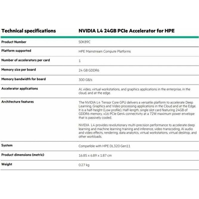 HPE NVIDIA L4 24GB PCIe Accelerator S0K89C