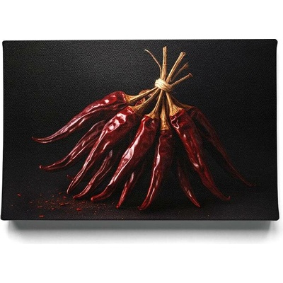 KRAFTHOUSE.EU Ohnivá Kytice – Sušené Chilli na Černém Pozadí – obraz na plátně Premium Canvas | 100% bavlna | Různé rozměry Velikost: 150 x 100 cm Ohnivá Kytice – Sušené Chilli na Černém Pozadí – obra