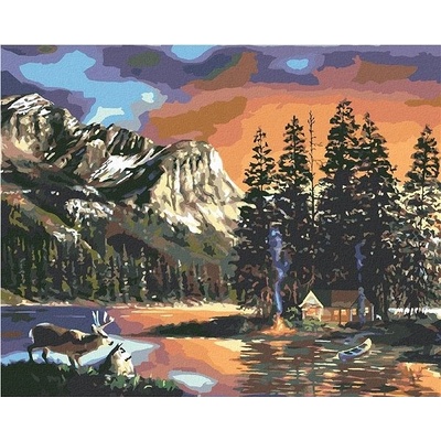 zuty Malování Podle Čísel Chata Jezero Jelen A Hory D. Rusty Rust 40 x 50 Cm Plátno Rám
