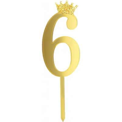 Party Pal Plastová dekorace na dort, číslo 6 s korunkou, zlatá, 11cm