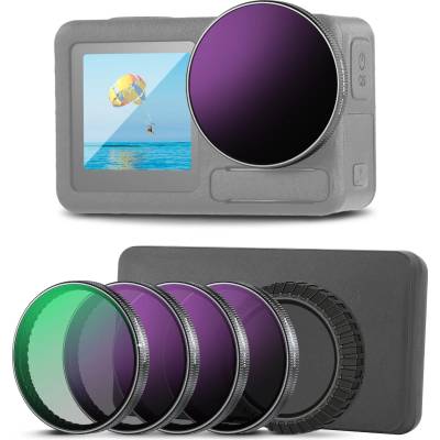 NEEWER ND filter set compatible with DJI Osmo Action 5 Pro/4/3 (pack of 4), ND8/16/32 CPL circular polarization filter, polarizing filter, gray filter, snap-on action cam accessory with lens cap, FLA01 - 10107951