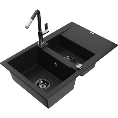 Mexen Gaspar гранитна мивка 1, 5-коморна с отцедник и кухненски смесител Flora, черен - 6507-77-670401-07-B (6507-77-670401-07-B)
