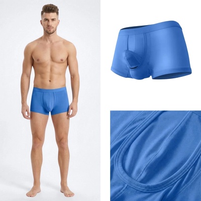 Erotické modré viskózové boxerky s váčkem pro intimní partie pro penis