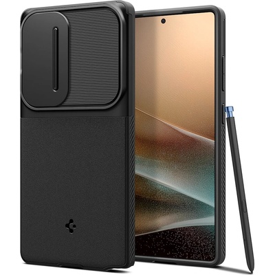 Spigen Optik Armor Case - тънък качествен силиконов (TPU) калъф с капак за камерата за Samsung Galaxy S25 Ultra (черен)