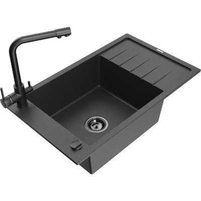 Mexen Elias гранитна мивка с 1 камера и отцедник и кухненски смесител Duero, черна на пръски - 6511-76-671600-70-B (6511-76-671600-70-B)